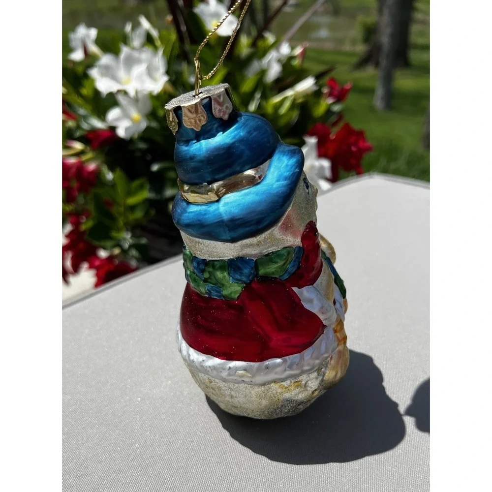 Christmas Street Snowman Glass Ornament Hand Painted European‎ Style Boxed Vtg